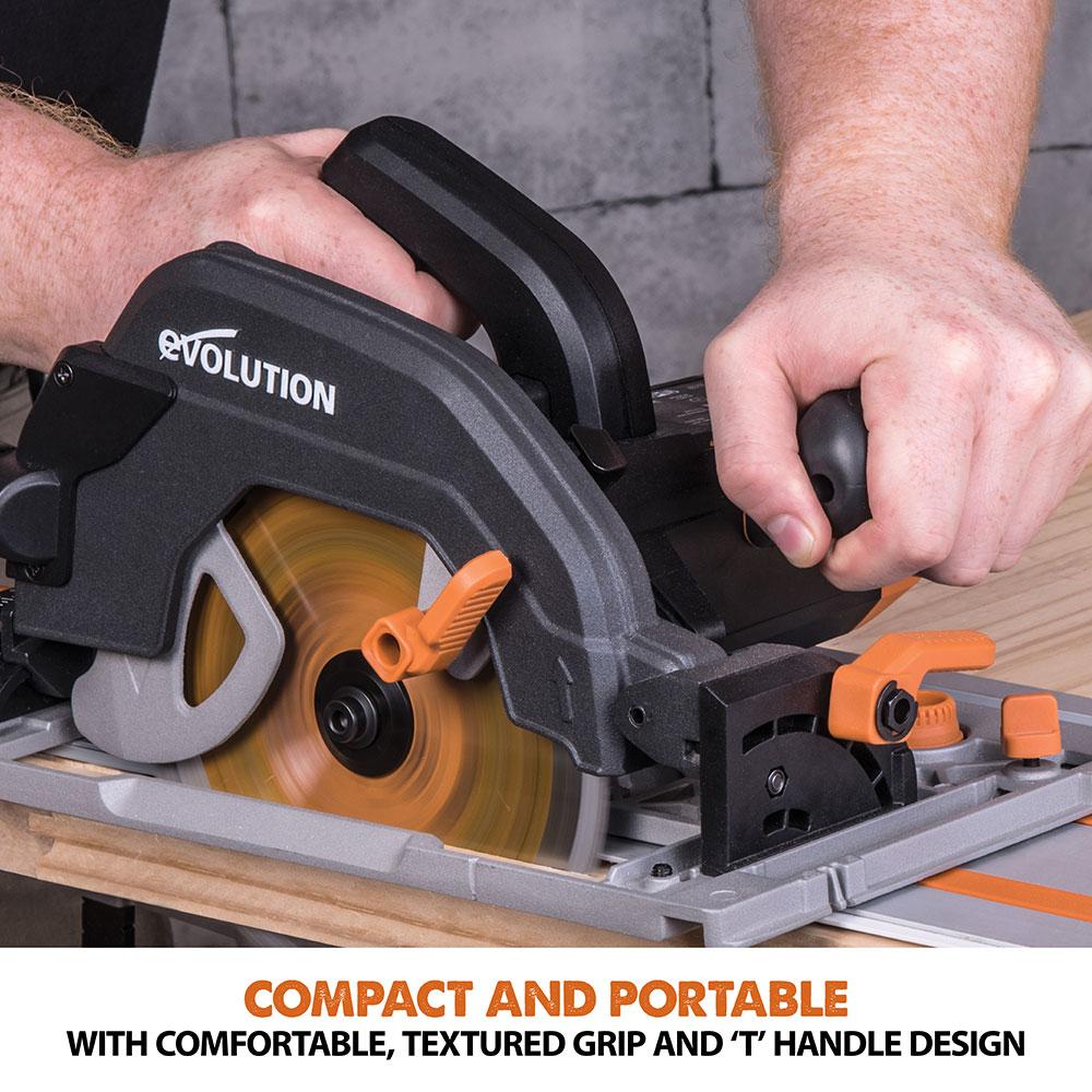 Evolution R185CCSX 185mm Circular Saw with 1020mm 3-piece Mini Track and TCT Multi-Material Cutting Blade - Image 12