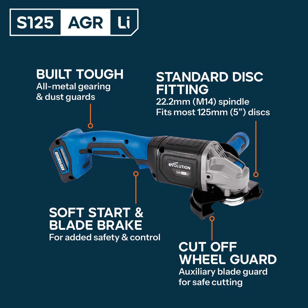Evolution 125mm (5") Cordless Angle Grinder | 18V Brushless Metal Cutting & Grinding Tool | S125AGR-Li - Image 6