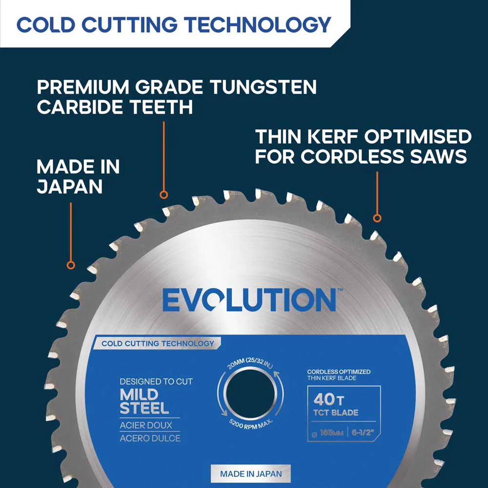 Evolution 165mm Mild Steel Cutting 40T TCT Circular Saw Blade Optimized For Cordless - Image 7