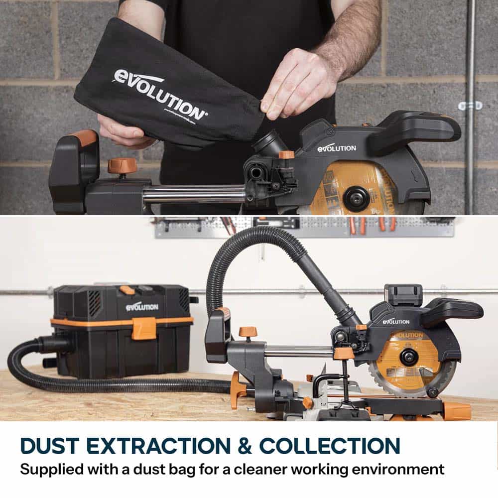 Evolution Cordless R185SMS-Li 185mm Sliding Mitre Saw 18v Li-Ion EXT Inc Multi-Material Blade - Image 9