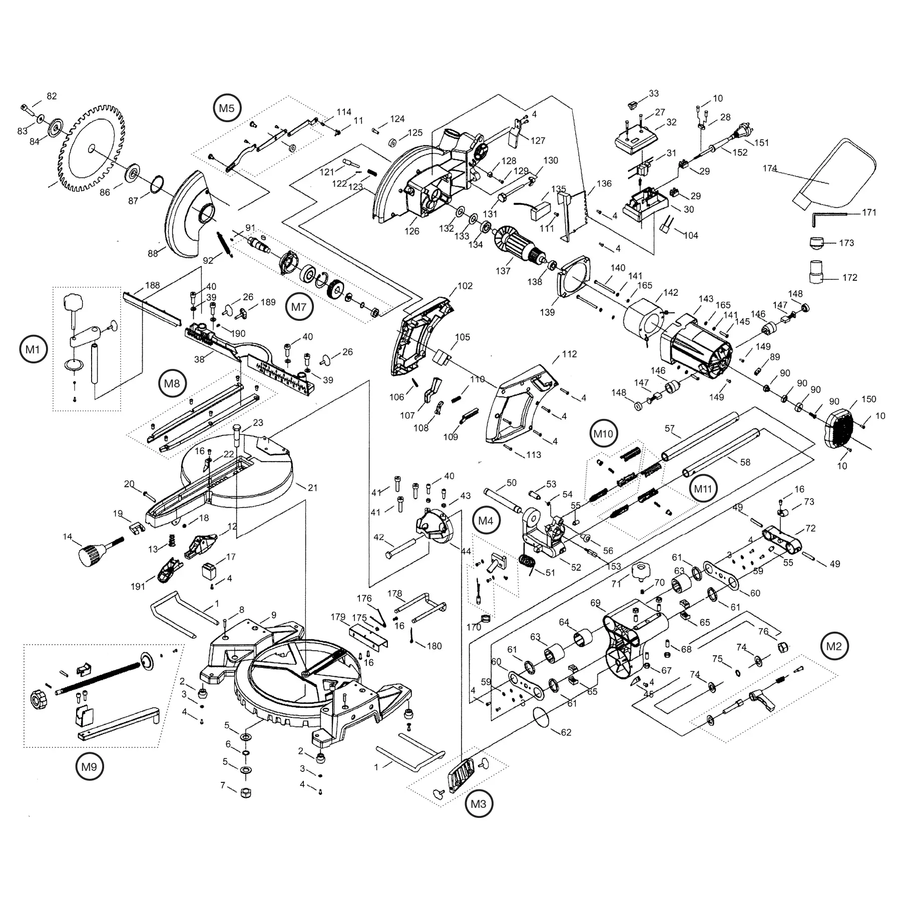 FURY3 210mm Corded Sliding Mitre Saw (Non-Flatpack Model) Spare Parts - Image 2