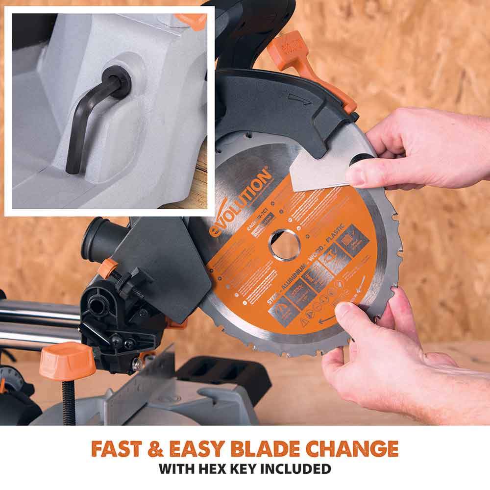 Evolution R210SMS 210mm Sliding Mitre Saw With TCT Multi-Material Cutting Blade - Image 14