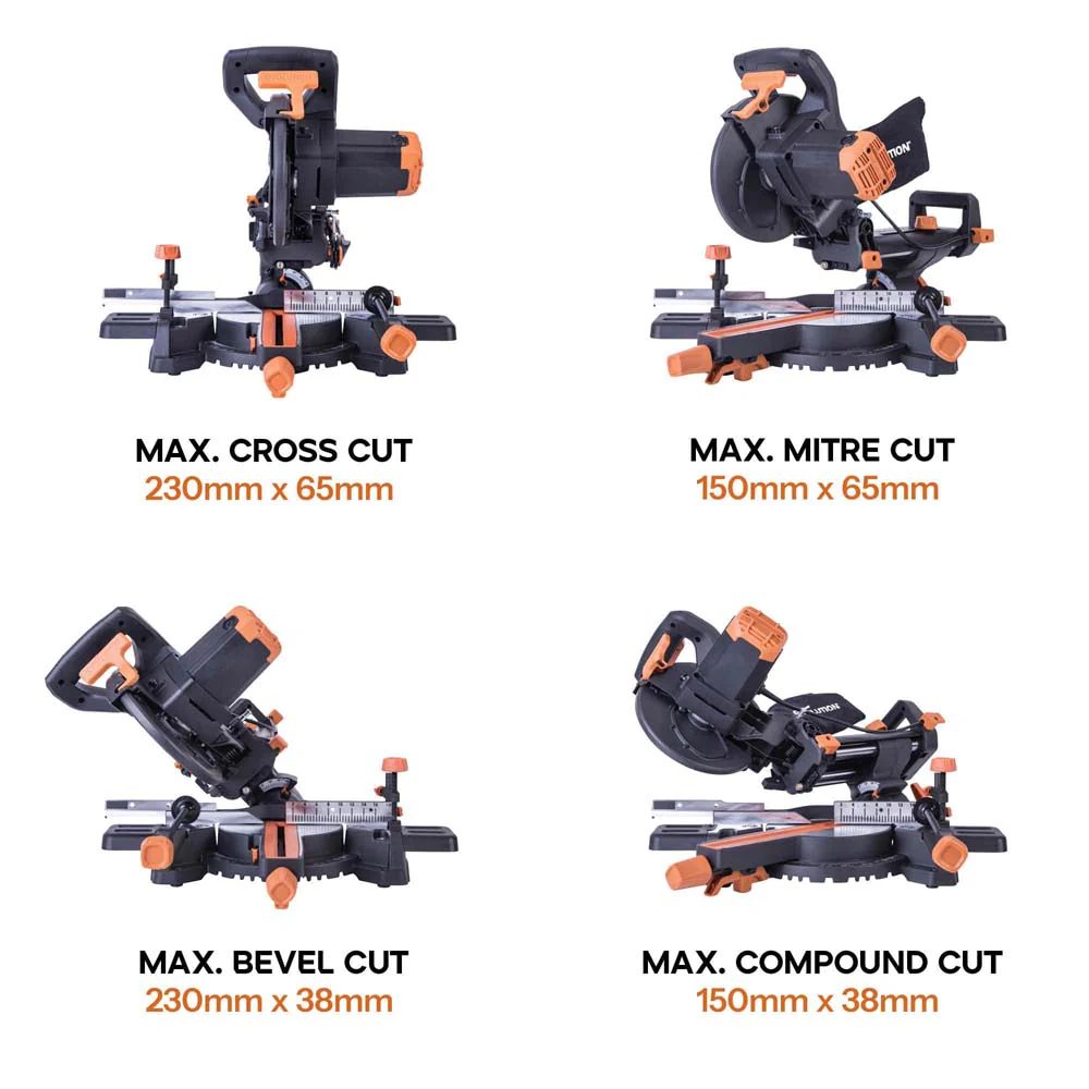 Evolution R210SMS+ 210mm Sliding Compound Mitre Saw With TCT Multi-Material Cutting Blade - Image 6