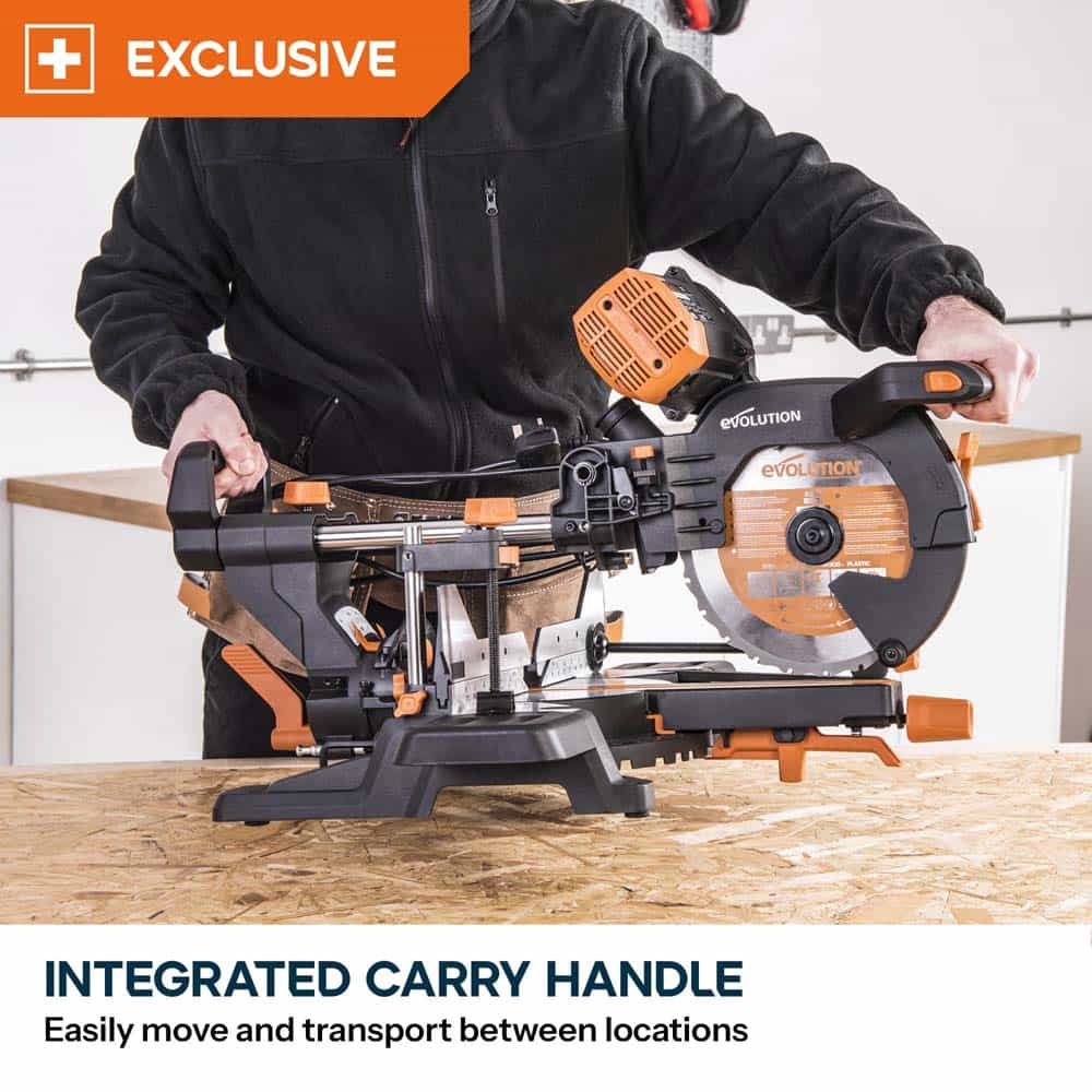 Evolution R255SMS-DB+ 255mm Double Bevel Sliding Compound Mitre Saw with 40T Wood Blade and 28T Multi-Material TCT Blade - Image 17