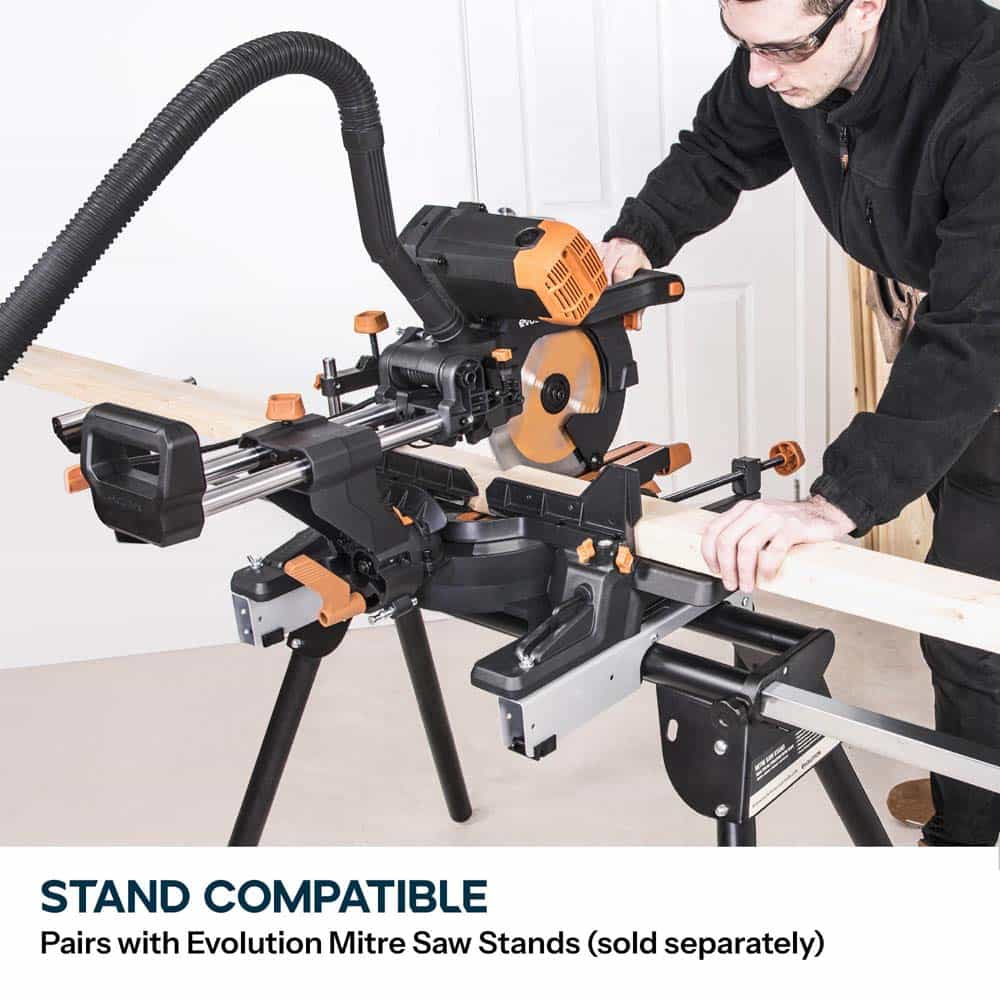 Evolution R255SMS-DB+ 255mm Double Bevel Sliding Compound Mitre Saw with 40T Wood Blade and 28T Multi-Material TCT Blade - Image 19