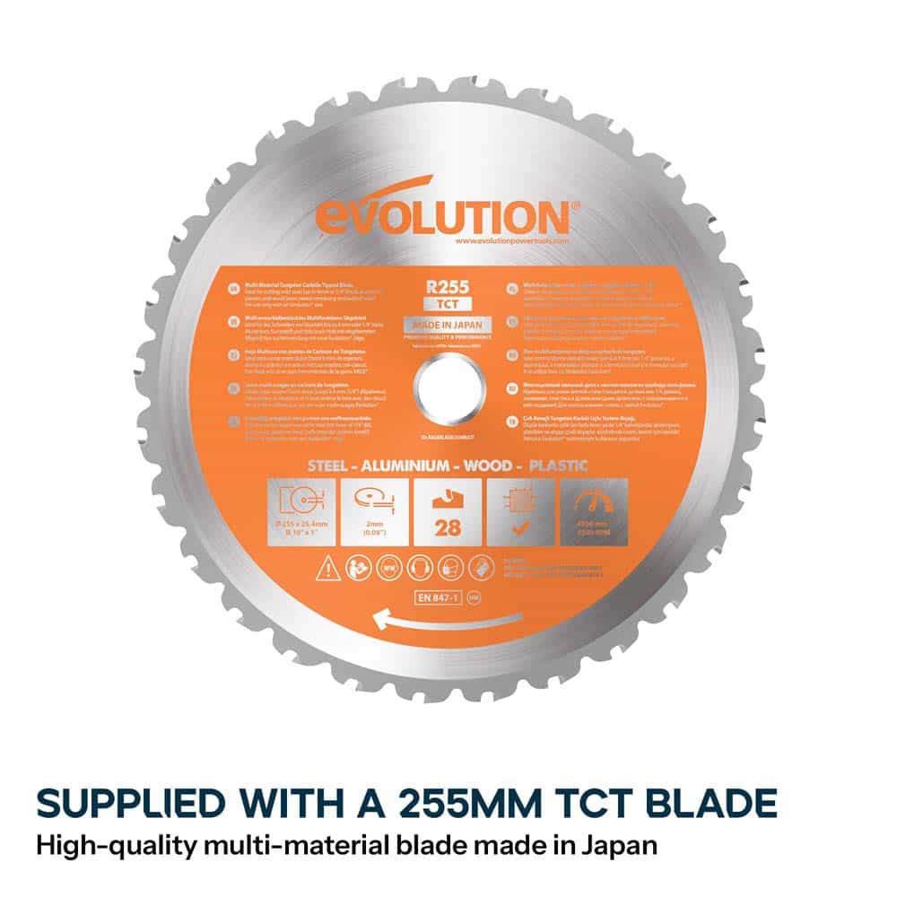 Evolution R255SMS-DB+ 255mm Double Bevel Sliding Compound Mitre Saw with 40T Wood Blade and 28T Multi-Material TCT Blade - Image 4