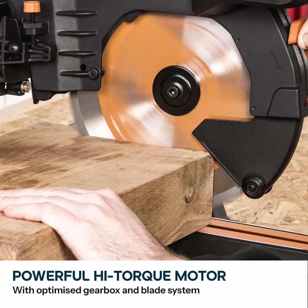 Evolution R255SMS-DB+ 255mm Double Bevel Sliding Compound Mitre Saw with 40T Wood Blade and 28T Multi-Material TCT Blade - Image 5