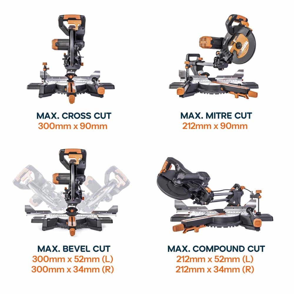 Evolution R255SMS-DB+ 255mm Double Bevel Sliding Compound Mitre Saw with 40T Wood Blade and 28T Multi-Material TCT Blade - Image 6