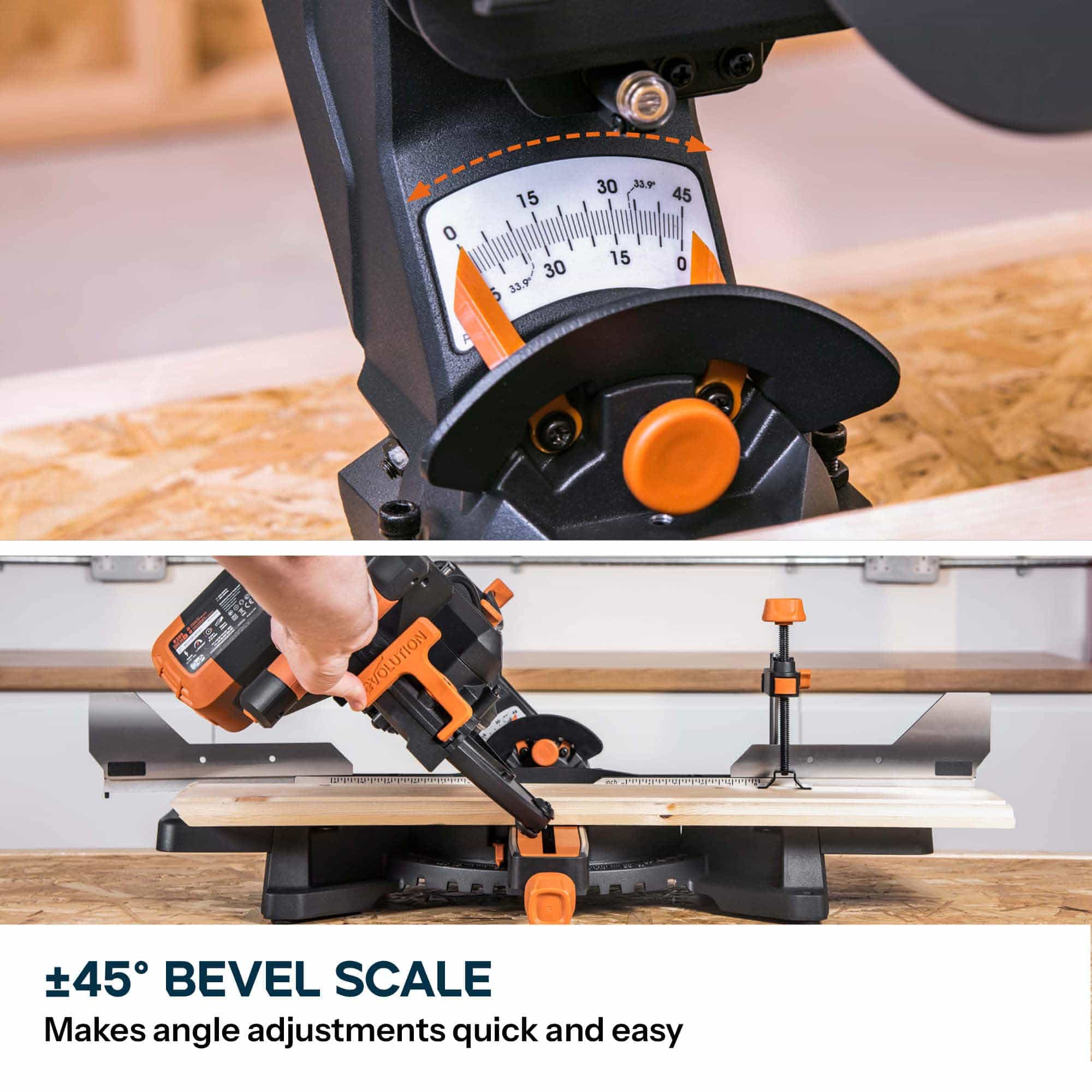 Evolution R255SMS-DB+ 255mm Double Bevel Sliding Compound Mitre Saw with 40T Wood Blade and 28T Multi-Material TCT Blade - Image 7